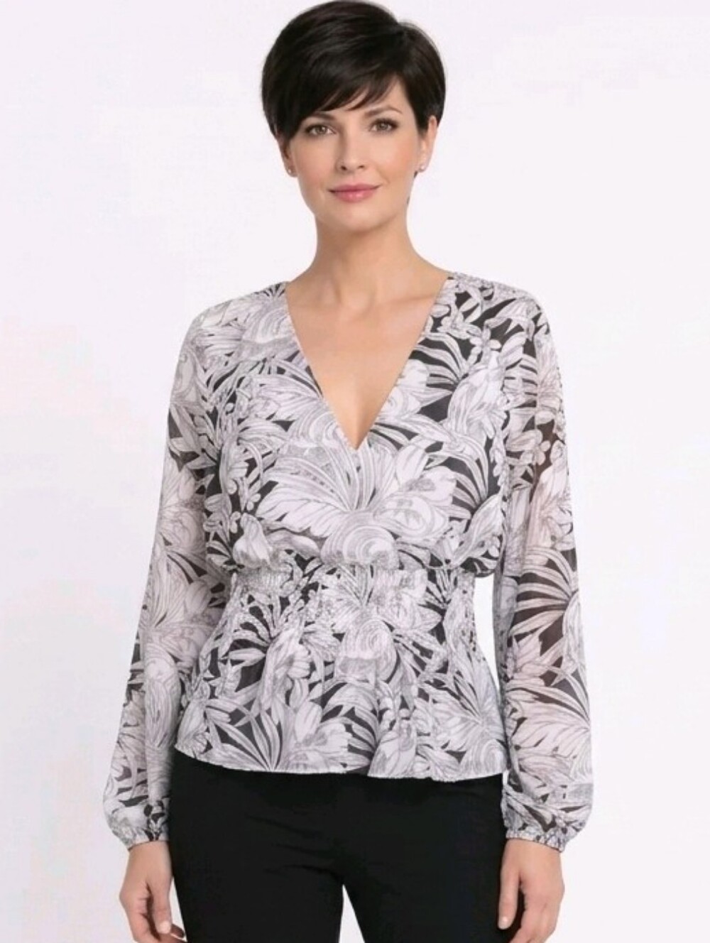 White House Black Market Black & White Floral Pattern Peplum Blouse Size M